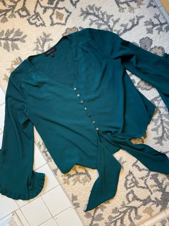 Abbeline Teal Tie-Front V-Neck Blouse with Ruffle Sleeves - Picture 2 of 7